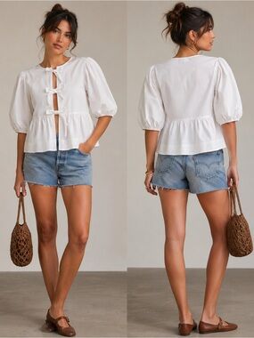 Isalis White Tie Front Puff Sleeve Peplum Blouse Cottagecore Top
